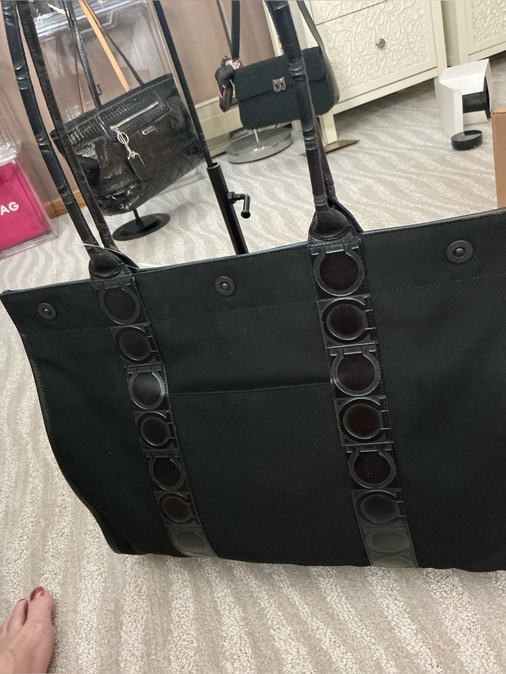 Salvatore Ferragamo Black Gancini Canvas Tote Bag Large Shoulder Shopper - Picture 7 of 16